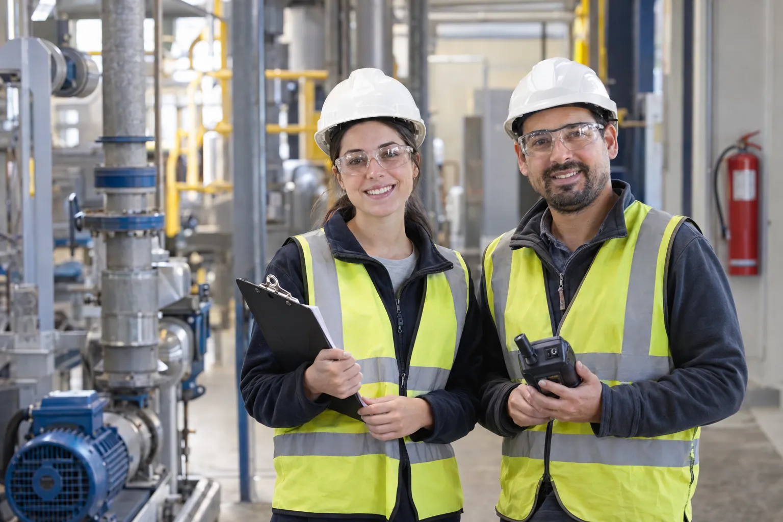 Una técnica y un técnico en seguridad e higiene, con casco, anteojos de seguridad y chaleco reflectivo, sonríen a cámara en una planta industrial con una planilla y un medidor portátil