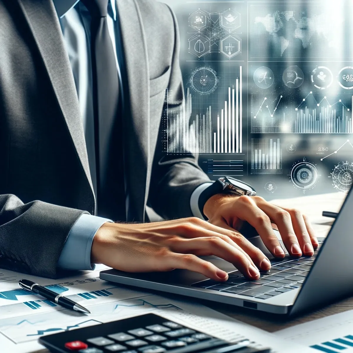 Manos de un profesional de finanzas que trabaja en una notebook con gráficos e informes